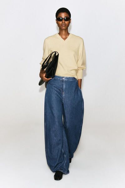 PLEATED-PANEL DENIM BARREL-LEG TROUSERS - BLUE | COS DK