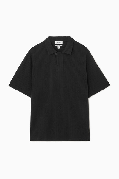 ■COOR■ Open collar cotton polo shirt black CMN3KT01K-BLK Men's Black Open Collar Knitted Cotton Polo Shirt – Short
