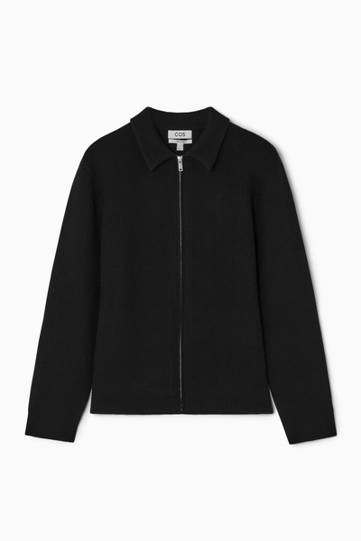 COS 黒 ウールジャケット ネイビー RIB-KNIT WOOL ZIP-UP JACKET - BLACK | COS