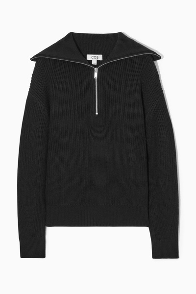 WOOL AND COTTON HALF-ZIP SWEATER - BLACK | COS