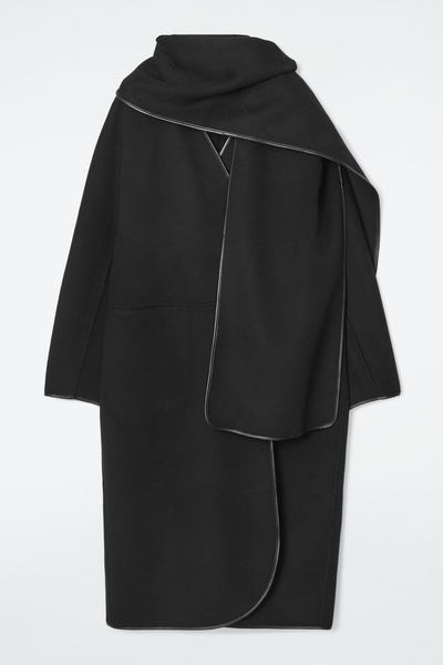 LEATHER-TRIMMED WOOL SCARF COAT - BLACK | COS