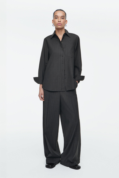 【MODERNIF】Wool Double Span Banding Wide Slacks REGULAR PINSTRIPED WOOL WIDE-LEG PANTS - DARK GRAY