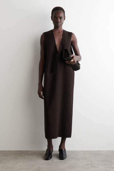 boiled wool midi dress BOILED-WOOL MIDI DRESS - DARK BROWN