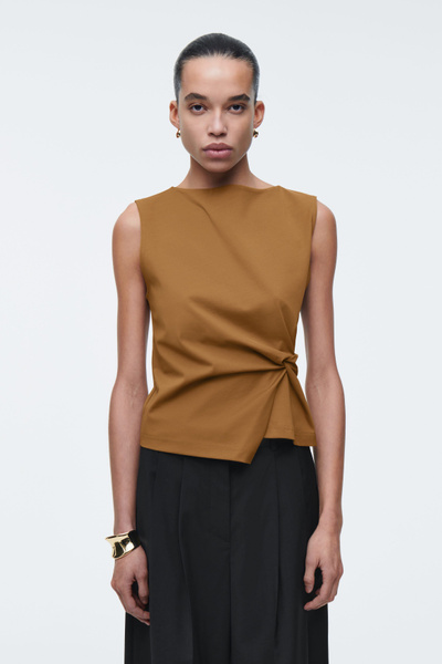 トップス enof sheer cotton flip top brown Brown Linen-blend Tie Front Top