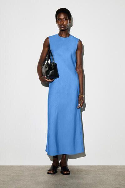princess polly baby blue dress BIAS CUT LINEN BLEND MIDI DRESS - BLUE