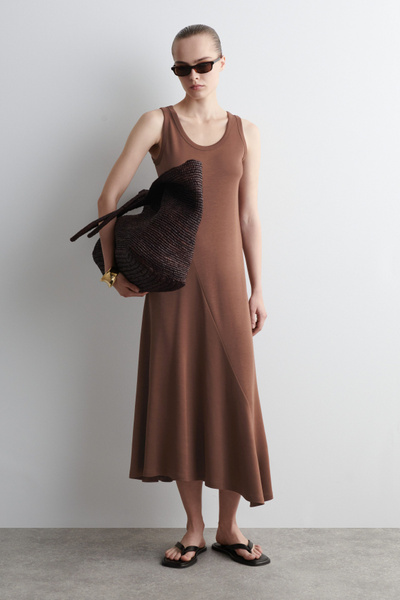 ★MEENDERI★ASYMMETRIC MESH DRESS - BROWN★正規品/直送料込 Voile Et Lumiere | Mesh Puff Sleeve Ruched Asymmetrical Mesh