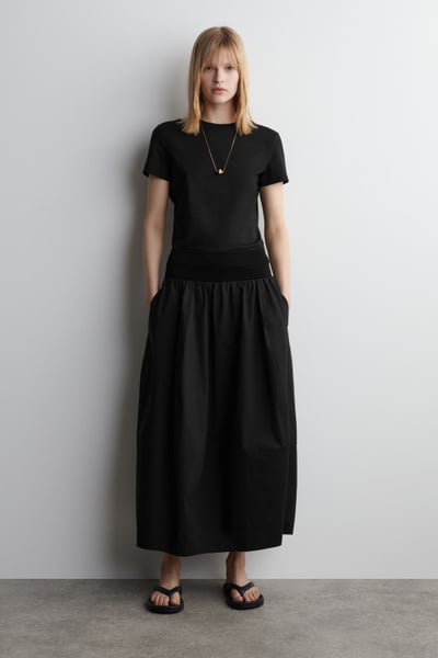 スカート BLACK VISCOSE SKIRT SMOCKED PANELED MIDI SKIRT - BLACK | COS