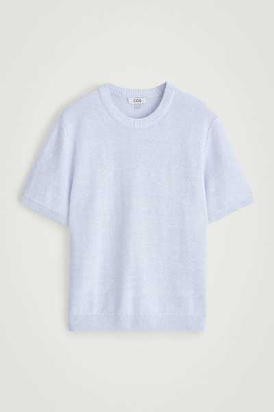 KNITTED LINEN-COTTON T-SHIRT - LIGHT BLUE MÉLANGE | COS