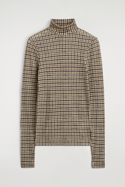 MERINO WOOL HIGH-NECK TOP - BEIGE / CHECKED | COS