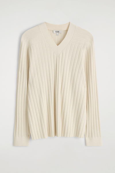 RIBBED-KNIT V-NECK SWEATER - CREAM | COS
