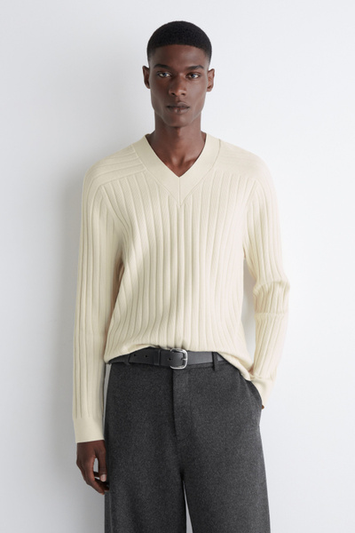 RIBBED-KNIT V-NECK SWEATER - CREAM | COS