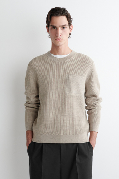 Cornier WOOL GABARDINE PULLOVER Sサイズ POCKET-DETAIL WOOL CREW-NECK SWEATER - BEIGE MÉLANGE | COS US