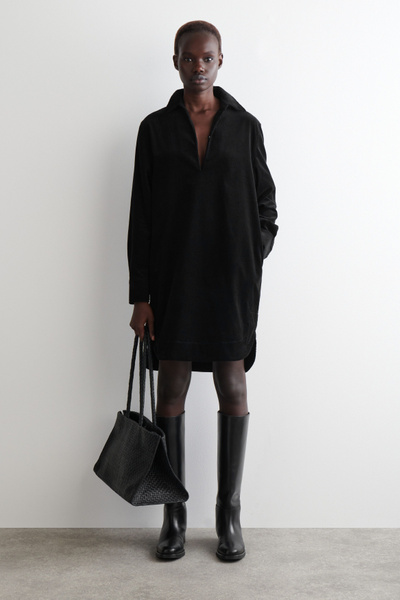 COS Women's Corduroy Mini Shirt Dress in Black | Cotton | Size: 10