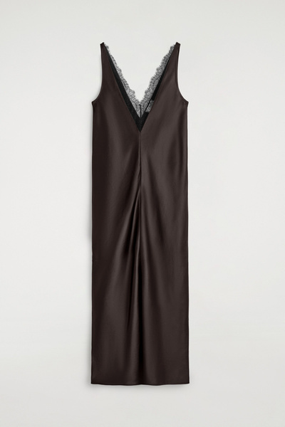 COS Women's Lace-Trimmed Satin Slip Dress in Brown | Size: 14 COS Women's Lace-Trimmed Satin Slip Dress in Brown | Size: 14