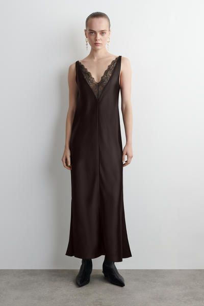 lace satin slip dress boohoo Women's Lace Hem Slip Dress