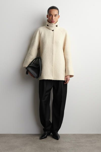 MOCK-NECK WOOL-HERRINGBONE SHORT COAT - CREAM | COS US