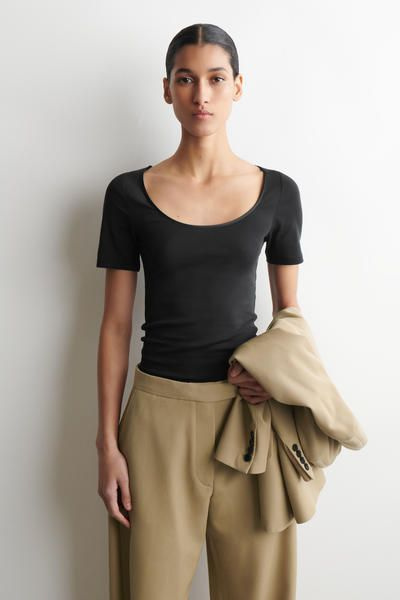 SATIN-TRIMMED COTTON-JERSEY T-SHIRT - BLACK | COS US