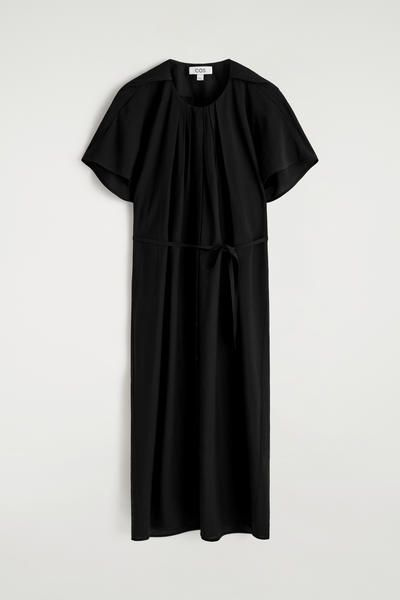 COS Women's Pleated Belted Midi Dress in Black | Rayon | Size: 14