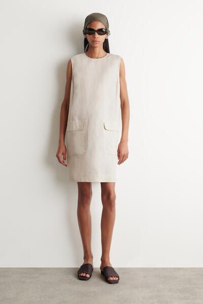 COS Women's Mini Shift Dress in Beige | Linen | Size: 14