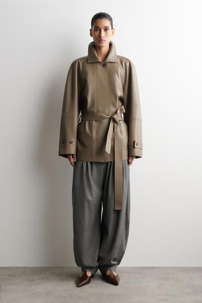 mock-NECK LEATHER SHORT TRENCH COAT - BEIGE | COS US