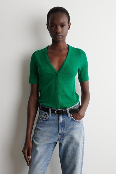 POINTELLE-KNIT SHORT-SLEVED CARDIGAN - GREEN | COS US