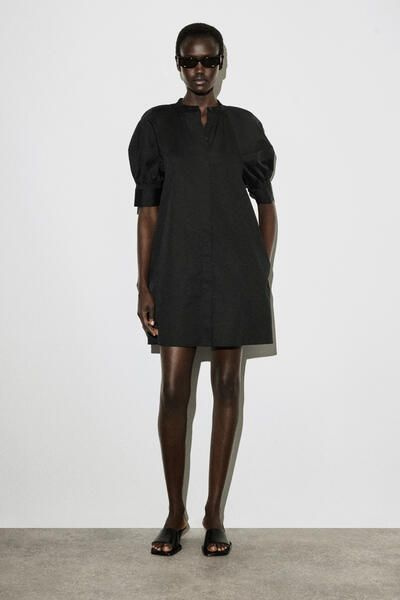 COS Women's Smocked Puff-Sleeve Shirt Dress in Black | Cotton | Size: 4 COS Women's Smocked Puff-Sleeve Shirt Dress in Black | Cotton | Size: 4