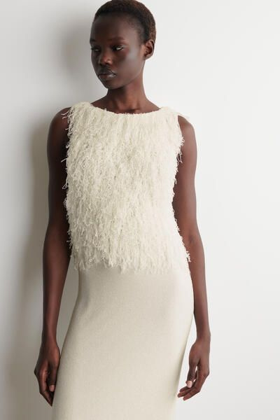 COS Women's Fringed Knitted Column Dress in White | Rayon | Size: XL