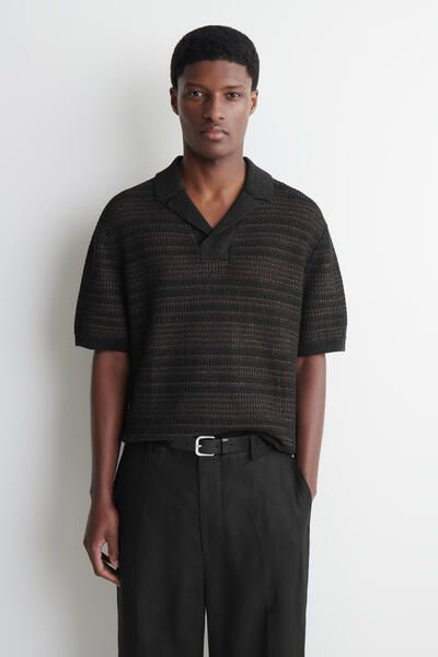 STRIPED OPEN-KNIT POLO SHIRT - BLACK / RUST / STRIPED | COS US