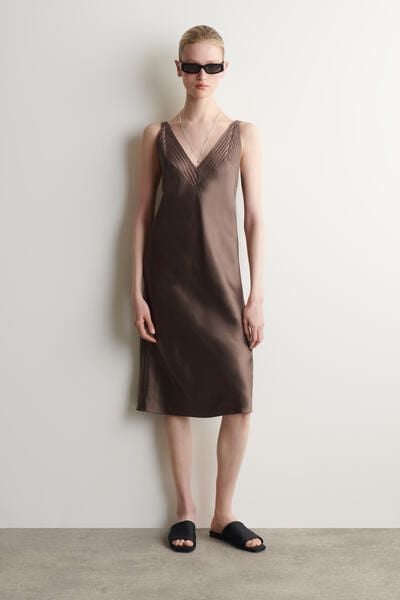 brown silk slip dress SilkSilky 100% Mulberry Spaghetti Strap Deep V Neck Midi with V-Back Design, / XL this gown is a timeless choice Crinkled satin slip dress, chocolate