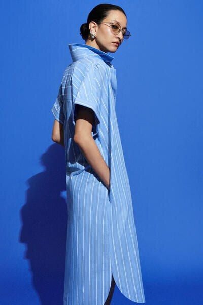 cos striped shirt dress PRINTED MIDI SHIRT DRESS - BROWN / ORANGE / STRIPED