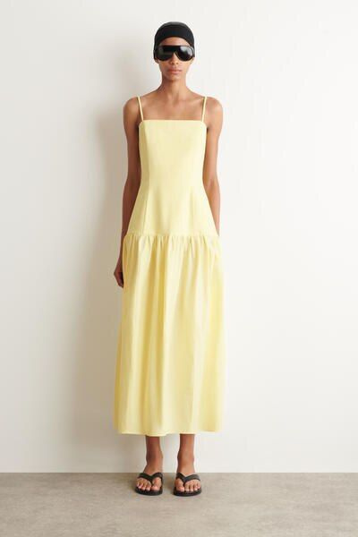 COS Women's Sculpted Dropped-Waist Midi Dress in Yellow | Cotton | Size: Small