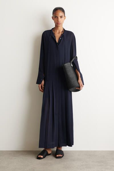 COS Women's Pleated Bow-Detail Midi Shirt Dress in Navy | Size: 4