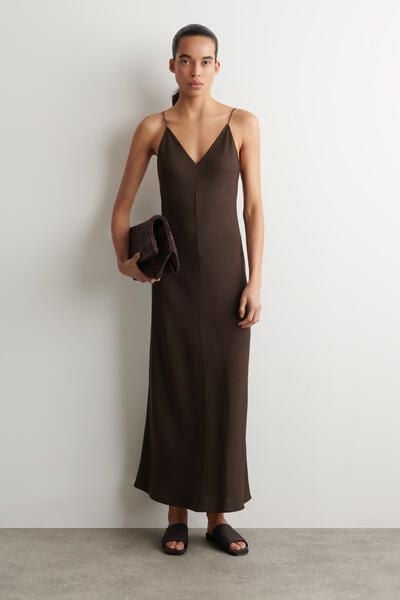 【maison celon】soft rib thin cami dress V-NECK MIDI CAMI DRESS - BROWN | COS US