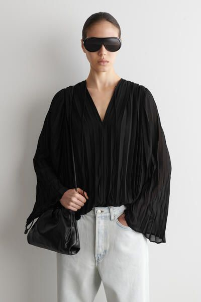 TIE-FRONT PLEATED GEORGETTE BLOUSE - BLACK | COS US