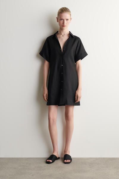 cos metallic linen shirt dress COS Women's Crinkled- Midi Shirt Dress in White | Silk