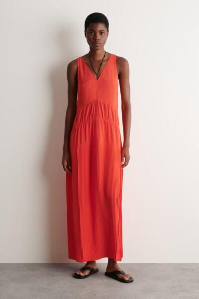 cos draped pleated maxi dress COS Women's Gathered Pleated V-Neck Maxi Dress in Orange
